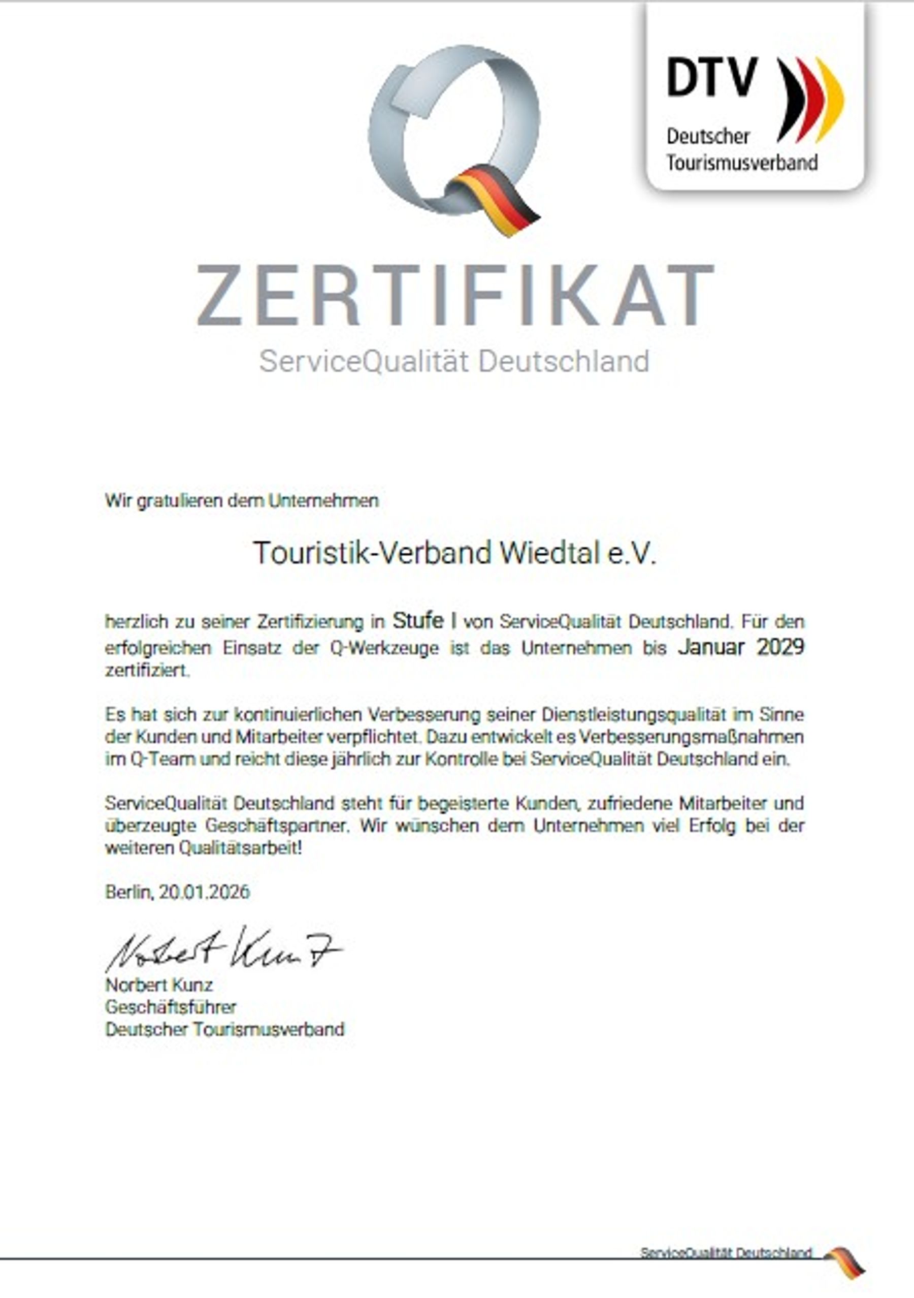 Certificate from the German Tourism Association (DTV) awarded to Touristik-Verband Wiedtal e.V., certifying ServiceQuality Germany Level 1, valid until January 2029, with signatures and official logos.